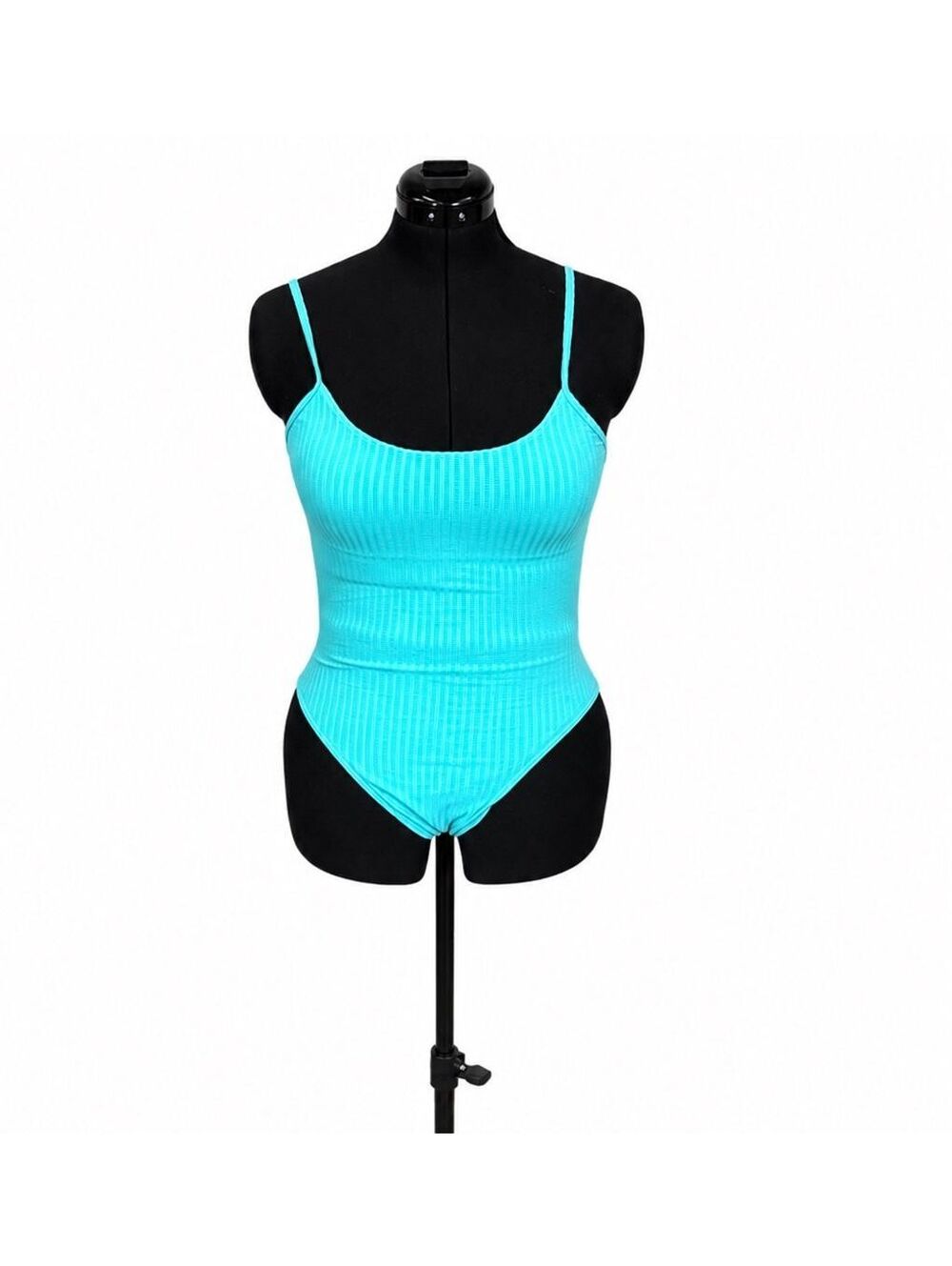 Zaful Light Blue Thin Strap, Open Back Ribbed One Piece Swimsuit (M)
